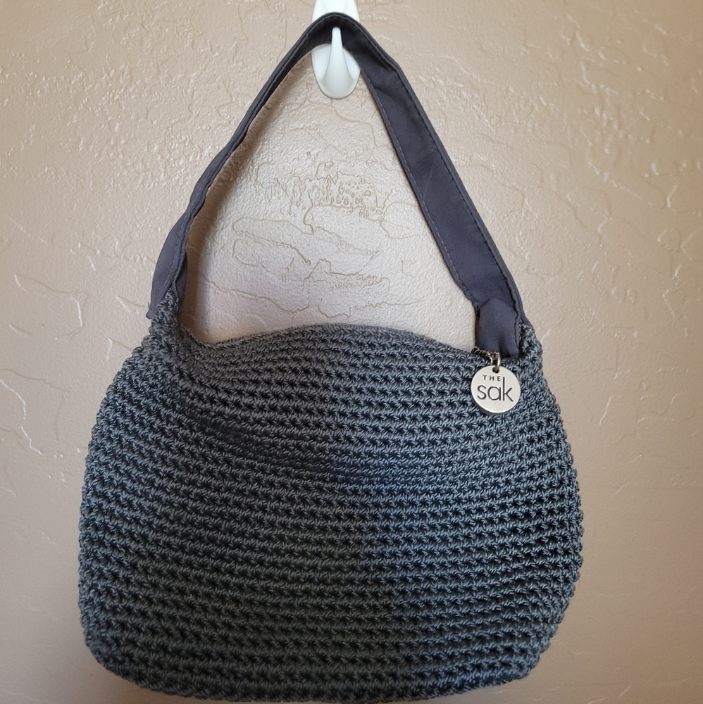The Sak Gray Crochet Small Hobo Shoulder Bag Boho Knit Purse